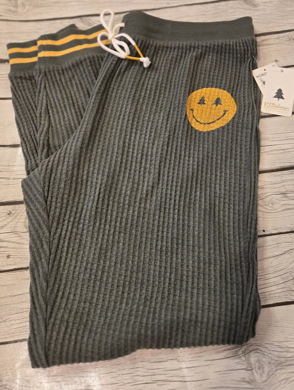 NWT PJ Salvage Waffle Knit Smiley Jogger Lounge Pants XL Green Cozy Pajama